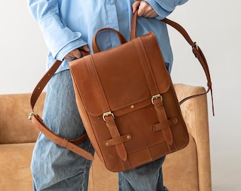 Leather laptop backpack, student computer rucksack, women work knapsack, christmas gift for her, unisex college rucksack, girlfriend gift