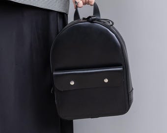 Mini backpack for women, black leather rucksack, small minimalist knapsack, personalized daypack, girlfriend gift, city travel backpack