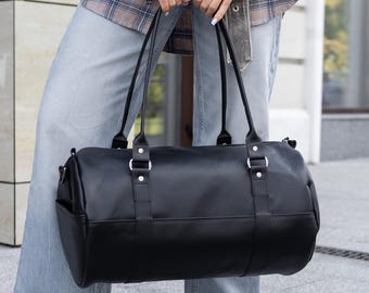 Bolso de lona de piel auténtica negra, bolso de fin de semana personalizado hecho a mano, regalo para ella