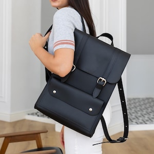 Leather student backpack, women college rucksack, black work backpack, office knapsack, birthday wife gift, ladies backpack, gift for her