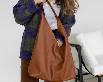 Soft leather slouchy shoulder bag, women top handle purse, large everyday handbag