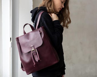 Burgundy leather women backpack, student daypack, everyday city haversack, personalized daypack, gift for sister, minimalist backpack