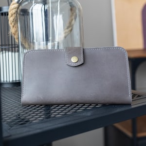 Cartera larga gris para mujer, tarjetero plegable, billetera minimalista para efectivo, tarjetero para mujer, regalo para ella, accesorios de cuero, regalo para esposa