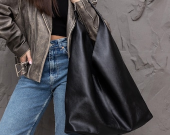 Black leather slouchy bag, oversized hobo handbag, large shoulder women purse