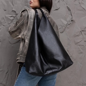 Casual large hobo bag, black soft leather shopping handbag, women slouchy purse