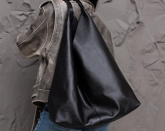 Casual large hobo bag, black soft leather shopping handbag, women slouchy purse
