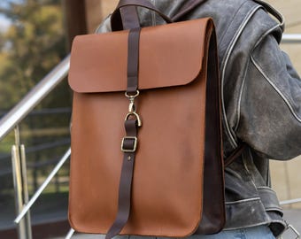 Genuine leather unisex laptop backpack, women office rucksack, travel knapsack for her