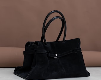 Bolsa grande de camurça preta, bolsa de trabalho em couro legítimo, presente para mulheres.