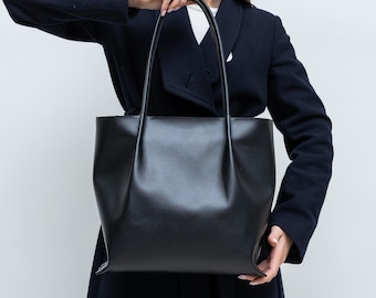 Black large leather purse, women shoulder work bag, minimalist office handbag for wife