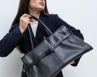 Borsa a mano in vera pelle, borsa da lavoro grande nera, regalo per la mamma