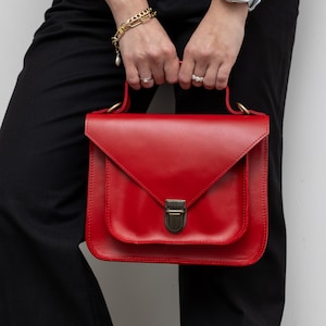 Red leather handbag, small personalized bag, minimalist women purse, small satchel bag, personalized top handle bag, girlfriend gift