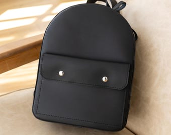 Small city rucksack, leather mini backpack, women black knapsack, personalized daypack, christmas gift for wife, adult everyday backpack
