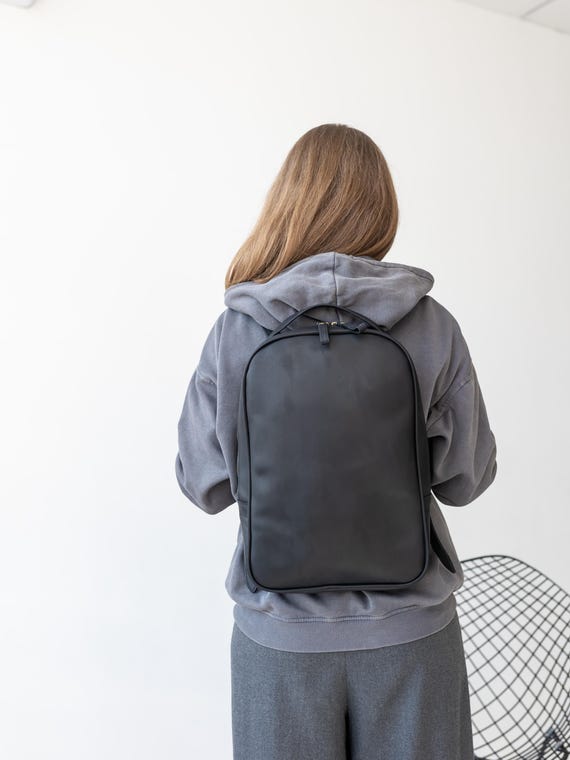 Black Leather Backpack, Laptop Rucksack for Women, College 