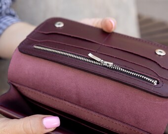 Long Burgundy Wallet, Womens Card Holder, Personalized Leather