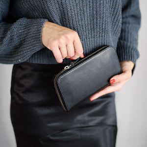 Portefeuille noir pour espèces et cartes à glissière, portefeuille long en cuir pour femme, pochette pour billets, cadeau de collègue, porte-monnaie personnalisé pour carte de crédit, cadeau pour elle