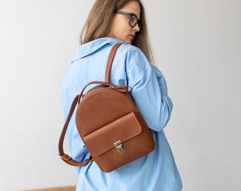 Leather small backpack for women, student rucksack, casual mini knapsack, city backpack purse, gift for girlfriend, personalized backpack