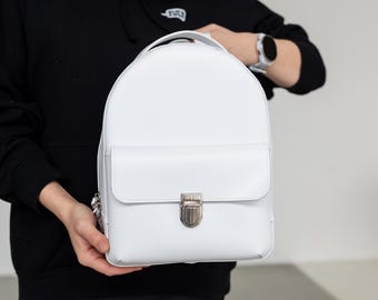 White leather mini backpack, women city travel rucksack, small everyday knapsack, gift for her, minimalist student daypack, graduation gift