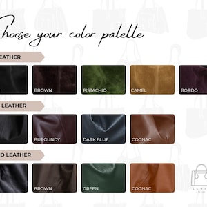 Puede incluir: Una paleta de colores titulada Choose your color palette que muestra muestras de cuero de ante, liso y texturizado en varios tonos, incluyendo negro, marr&oacute;n, pistacho, camel, bordo, burdeos, azul oscuro, co&ntilde;ac y verde, con el logotipo de Lunae Leather.