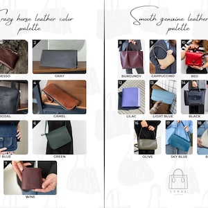 May include: A color palette showcasing leather bags and accessories in various colors. The "Crazy horse leather color palette" includes Espresso, Gray, Charcoal, Camel, Navy Blue, Green, and Wine. The "Smooth genuine leather color palette" features Burgundy, Cappuccino, Red, White, Lilac, Light Blue, Black, Cognac, Olive, Sky Blue, and Beige.