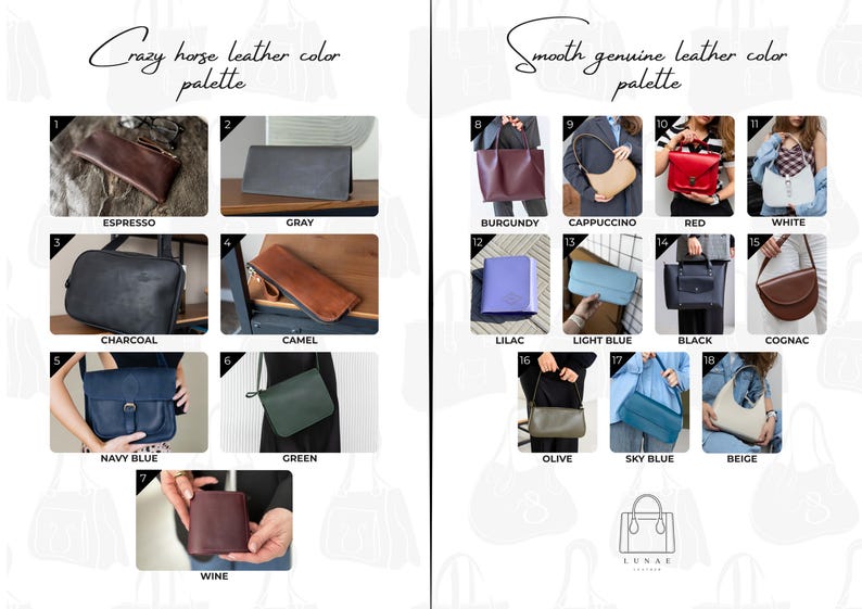May include: A color palette showcasing leather bags and accessories in various colors. The "Crazy horse leather color palette" includes Espresso, Gray, Charcoal, Camel, Navy Blue, Green, and Wine. The "Smooth genuine leather color palette" features Burgundy, Cappuccino, Red, White, Lilac, Light Blue, Black, Cognac, Olive, Sky Blue, and Beige.
