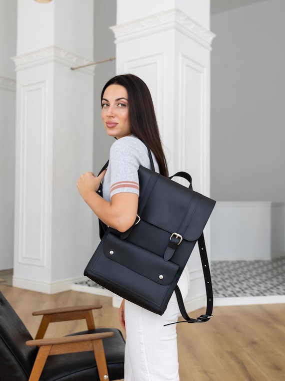Leather student backpack, women college rucksack, black work backpack, office knapsack, birthday wife gift, ladies backpack, gift for her