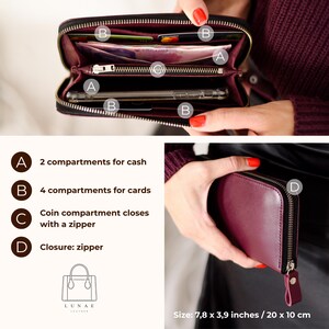 May include: A burgundy leather wallet with a black zipper closure. The wallet has two compartments for cash, four for cards, and a coin compartment with a zipper. The wallet measures 7.8 x 3.9 inches (20 x 10 cm).