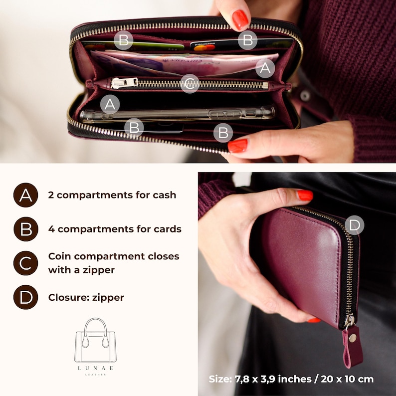 May include: A burgundy leather wallet with a black zipper closure. The wallet has two compartments for cash, four for cards, and a coin compartment with a zipper. The wallet measures 7.8 x 3.9 inches (20 x 10 cm).