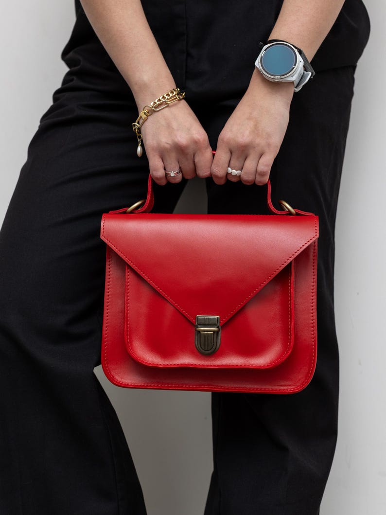 Red leather handbag, small personalized bag, minimalist women purse, small satchel bag, personalized top handle bag, girlfriend gift