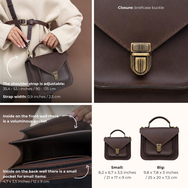 May include: A brown leather satchel with an adjustable shoulder strap, briefcase buckle closure, and a voluminous front pocket. The strap adjusts from 35.4 to 53.1 inches. The small bag is 8.2 x 6.7 x 3.5 inches, and the big bag is 9.8 x 7.8 x 3 inches.