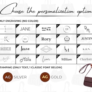 May include: Image showing personalization options for a bag. Includes engraving options with names and initials, and stamping options in silver and gold. A brown bag is shown with the initials "AG" stamped on it.