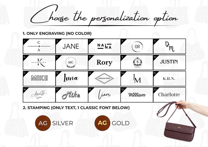 May include: Image showing personalization options for a bag. Includes engraving options with names and initials, and stamping options in silver and gold. A brown bag is shown with the initials "AG" stamped on it.
