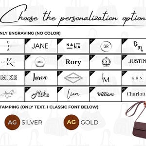 May include: Image showing personalization options for a bag. Includes engraving options with names and initials, and stamping options in silver and gold. A brown bag is shown with the AG gold stamp.