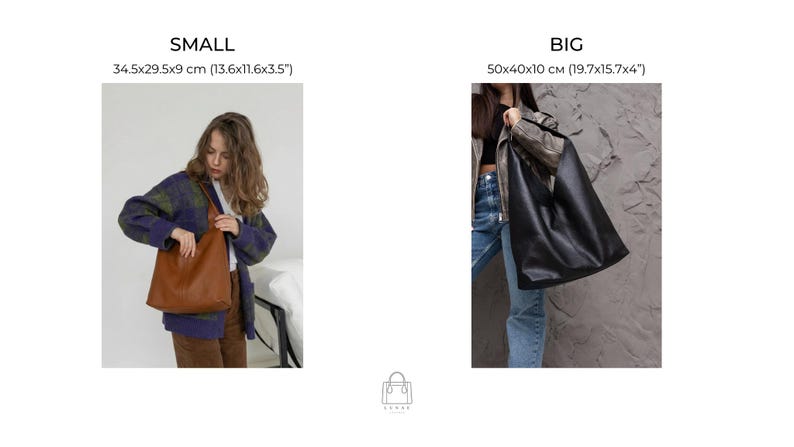 K&ouml;nnte beinhalten: Zwei Tragetaschen werden gezeigt, eine kleine und eine gro&szlig;e. Die kleine Tasche ist braun und misst 34,5 x 29,5 x 9 cm. Die gro&szlig;e Tasche ist schwarz und misst 50 x 40 x 10 cm. Die Taschen werden von Personen gehalten.