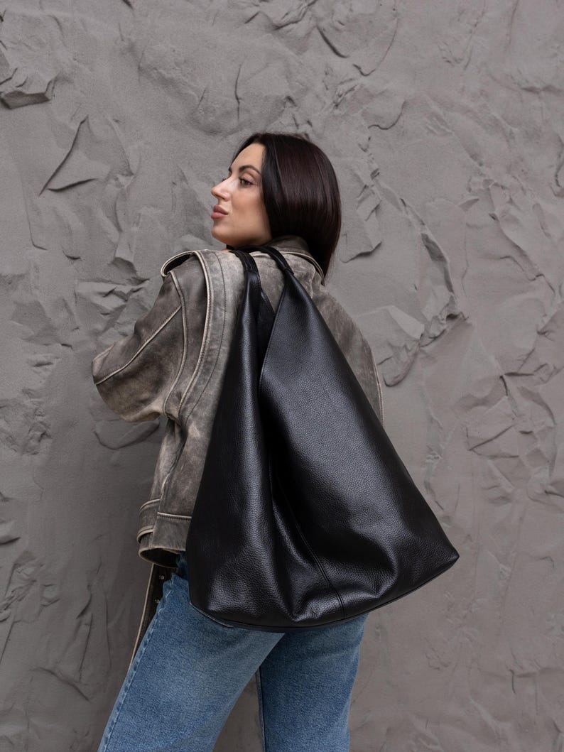 Casual large hobo bag, black soft leather shopping handbag, women slouchy purse