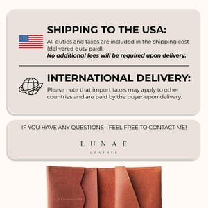 May include: The image displays text about shipping to the USA and international delivery. The text includes information about duties, taxes, and fees. The brand name "LUNAE LEATHER" is also visible.