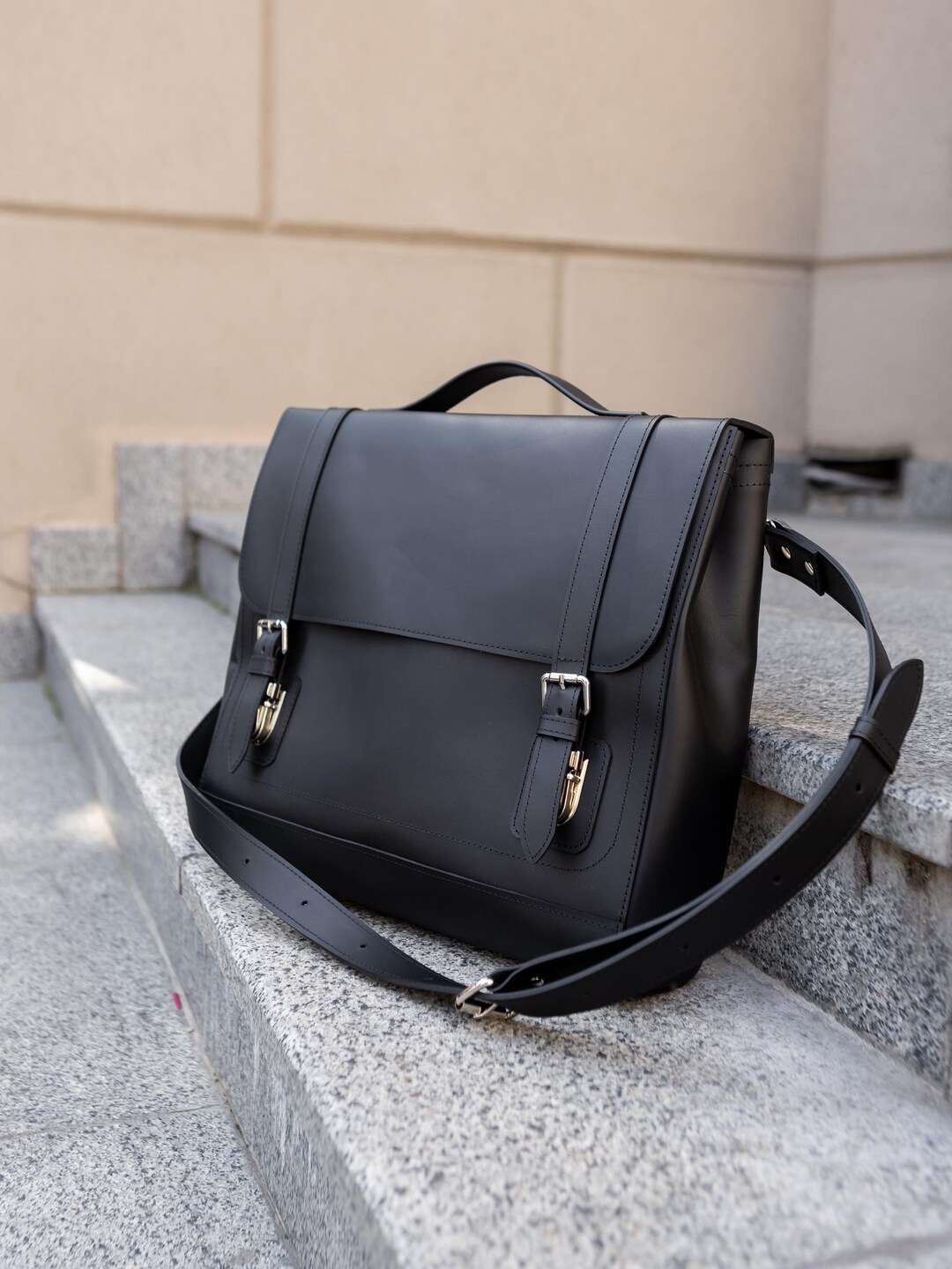 Large Unisex Satchel, Black Leather Messenger Bag, Office