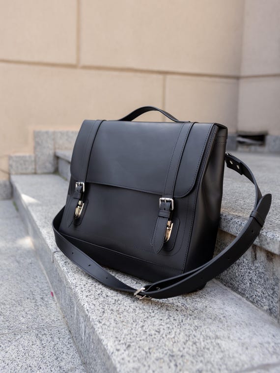 Large Unisex Satchel, Black Leather Messenger Bag, Office