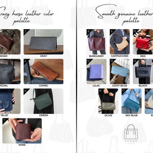 May include: A color palette showcasing leather bags and accessories in various colors. The "Crazy horse leather color palette" includes Espresso, Gray, Charcoal, Camel, Navy Blue, Green, and Wine. The "Smooth genuine leather color palette" features Burgundy, Cappuccino, Red, White, Lilac, Light Blue, Black, Cognac, Olive, Sky Blue, and Beige.