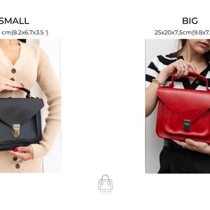May include: The image showcases two leather handbags. The smaller black bag is 8.2 x 6.7 x 3.5 inches, while the larger red bag is 9.8 x 7.8 x 3 inches. Both bags have a flap closure and a top handle. The bags are displayed against a white background.