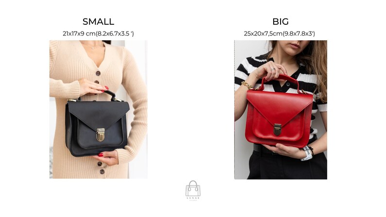 May include: The image showcases two leather handbags. The smaller black bag is 8.2 x 6.7 x 3.5 inches, while the larger red bag is 9.8 x 7.8 x 3 inches. Both bags have a flap closure and a top handle. The bags are displayed against a white background.