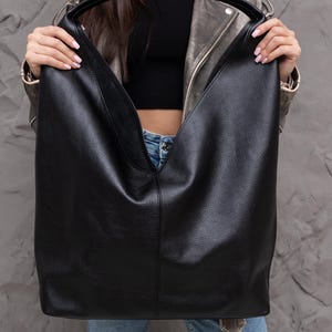 Large hobo bag, handmade black leather purse, womens shopper bag, anniversary gift