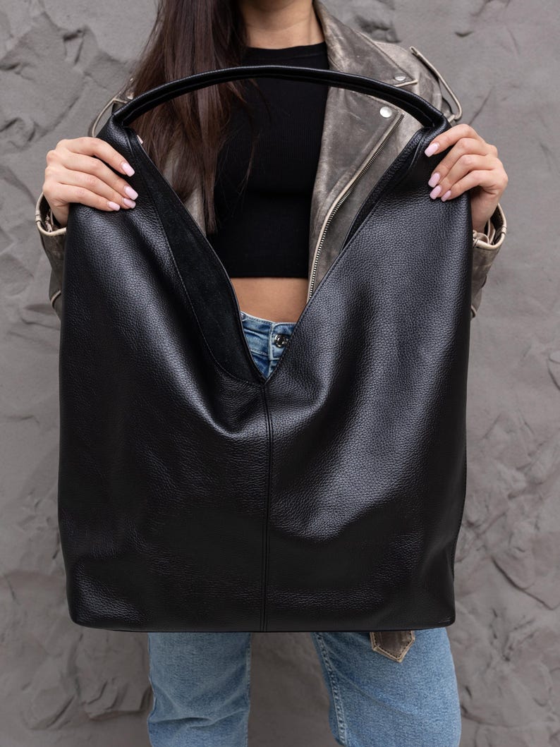 Large hobo bag, handmade black leather purse, womens shopper bag, anniversary gift