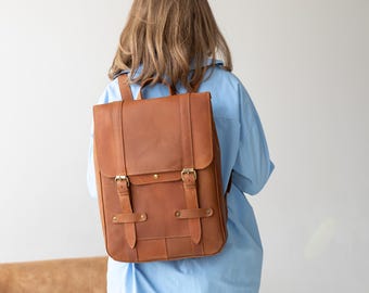 Leather large travel backpack, city style backpack, work laptop rucksack, gift for her, college backpack, weekend knapsack, birthday gift