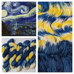 May include: A collage featuring a painting of Van Gogh's "Starry Night" and skeins of yarn. The yarn is dyed in shades of yellow and blue, mimicking the colors of the famous artwork. The yarn is arranged in different ways to showcase the color variations.
