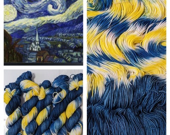 May include: A collage featuring a painting of Van Gogh's "Starry Night" and skeins of yarn. The yarn is dyed in shades of yellow and blue, mimicking the colors of the famous artwork. The yarn is arranged in different ways to showcase the color variations.