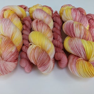 Strawberry Lemonade // Sock Yarn Set or Single Skein// 120g total (100g skein + 20g skein) hand dyed SW merino wool/nylon, sock yarn kit