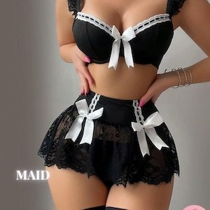 Sexy Maid Cosplay Lingerie Set - 3-Piece Sheer Lace Bowknot Bra & Skirt - Black Intimate Outfit - Flirty Roleplay Underwear for Women