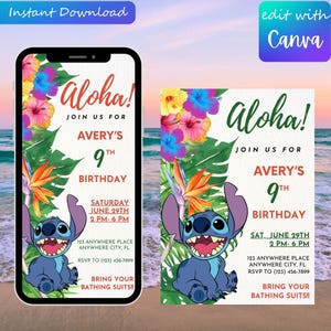 Editable Lilo and Stitch Birthday Invitation - BOY OR GIRL I Printable Template I Tropical Luau Party Invite | Instant Download