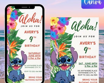 May include: A blue Stitch character from Lilo & Stitch is featured on a tropical themed birthday invitation. The invitation is for Avery's 9th birthday party. The invitation says "Aloha! Join us for Avery's 9th Birthday. Saturday, June 29th, 2 PM - 6 PM. 123 Anywhere Place, Anywhere City, FL. RSVP to (123) 456-7899. Bring your bathing suits!"