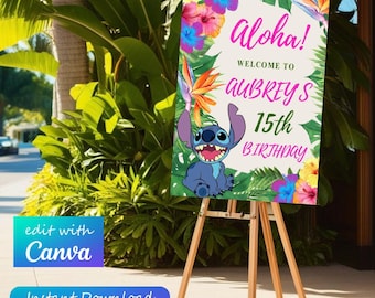 Letrero de bienvenida de cumpleaños Aloha editable con temática de Stitch (descarga digital)